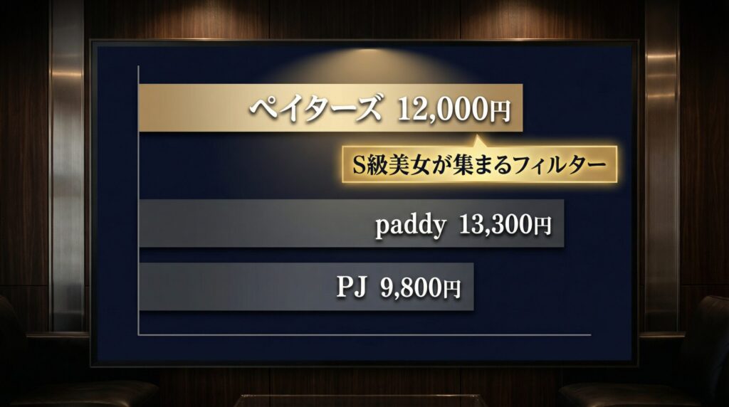 ペイターズ、paddy、PJなど人気パパ活アプリの1ヶ月プラン月額料金を比較したグラフ。ペイターズがやや高めの価格帯に位置することを示す図解。