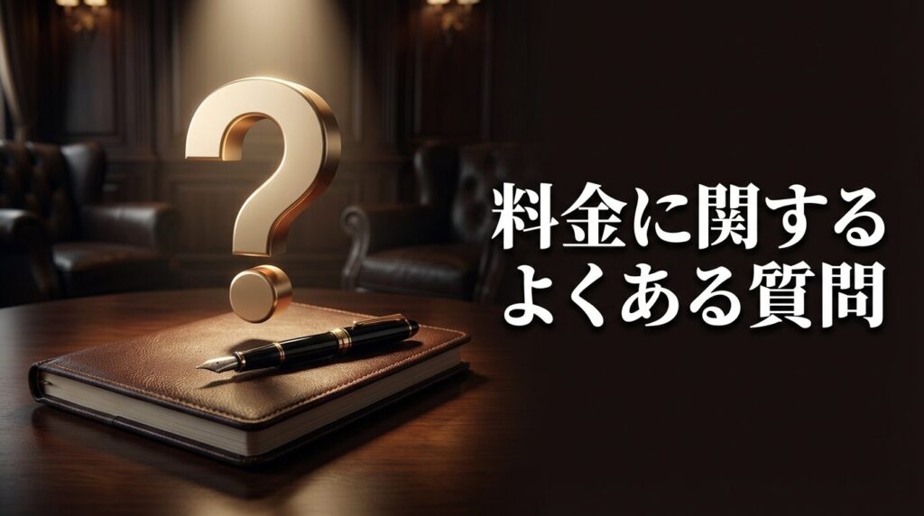 レザーカバーのノートと万年筆に添えられたクエスチョンマーク。ペイターズの料金や途中解約時の返金に関するよくある質問の解説画像。