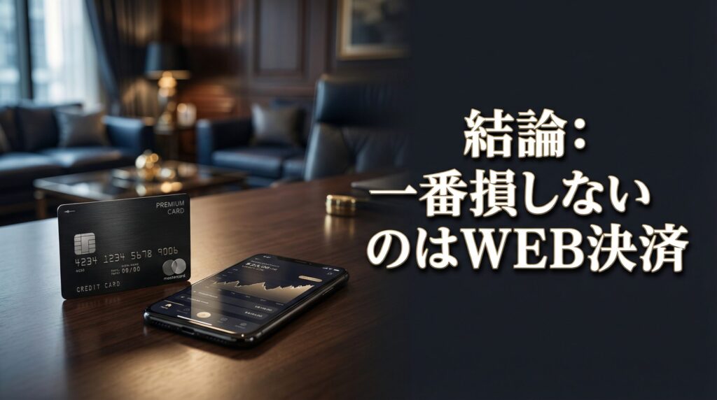 デスクに置かれたブラックカードとスマートフォン。ペイターズで一番損しない支払い方法がWEB決済であることを示す解説画像