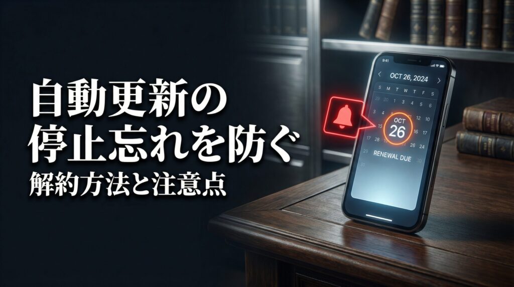 カレンダーの期日とアラートアイコンが表示されたスマートフォン。ペイターズの解約方法と自動更新の停止忘れを防ぐ手順の解説画像。