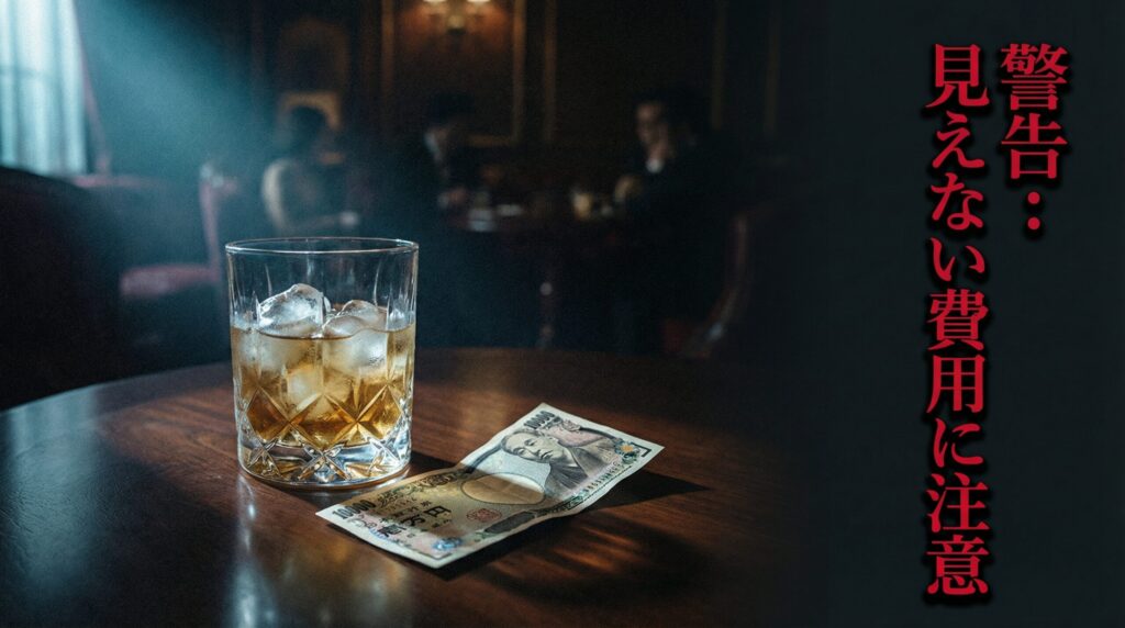 暗がりに置かれた高級グラスと高額な会計伝票。ペイターズ利用時に月額料金以外にかかる見えない費用への注意を促す見出し画像。