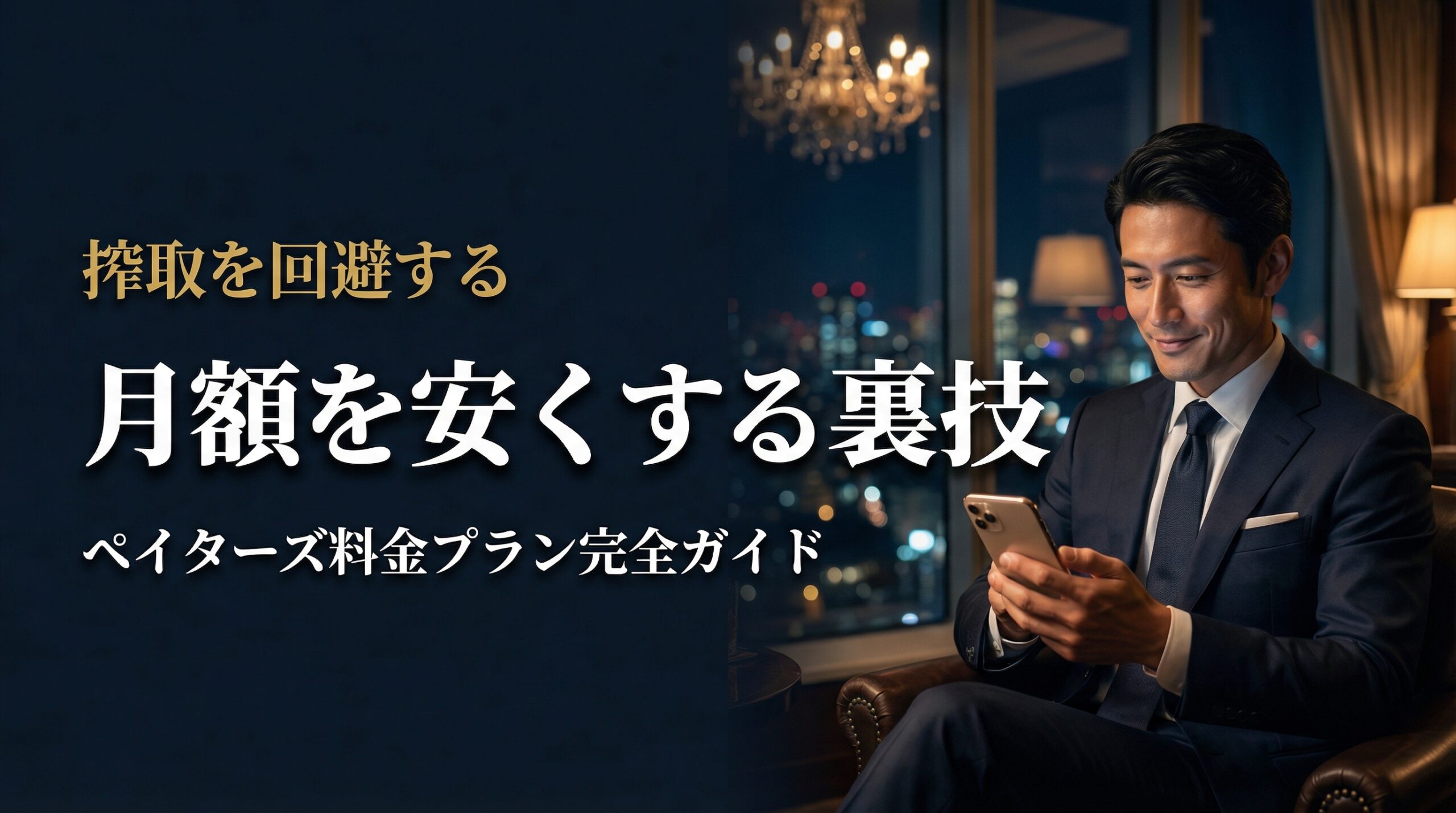 夜の高級ラウンジでスマートフォンを見つめるダークスーツの男性。ペイターズの料金プランと月額を安くする裏技を解説する記事のアイキャッチ画像。