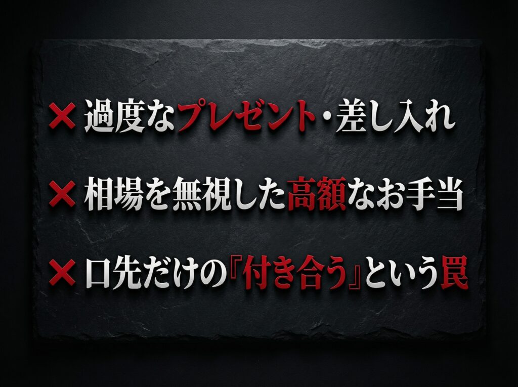 過度なプレゼントや高額なお手当など、パパ活アプリで無意識に資金を溶かしてしまう危険なパターンを示す図解。