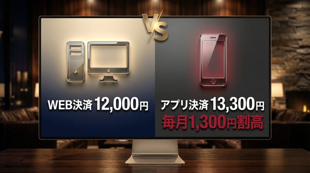 ペイターズの1ヶ月プランにおけるWEB決済とアプリ決済の料金比較表。アプリ決済の方が毎月1,300円割高になることを示す図解