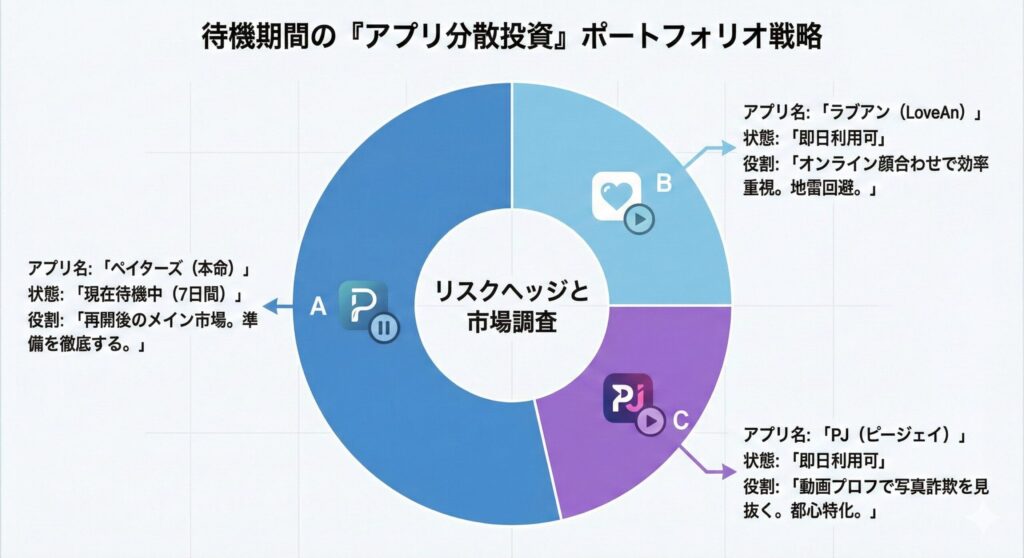 ペイターズ再登録待ちの期間におすすめのパパ活アプリポートフォリオ。ペイターズ、ラブアン、PJのリスク分散イメージ。