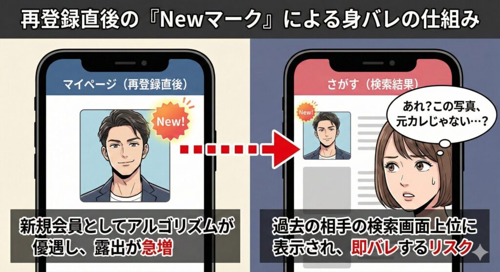 ペイターズ再登録でNewマークが表示され、元カノや過去のパパ活相手に検索画面で身バレするリスクの構図。