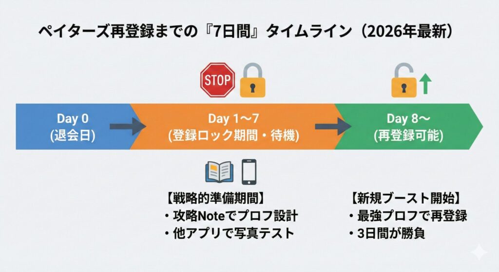 ペイターズ退会から再登録が可能になるまでの7日間の待機期間タイムラインと、その間に推奨される行動(Note熟読、他アプリ調査)。