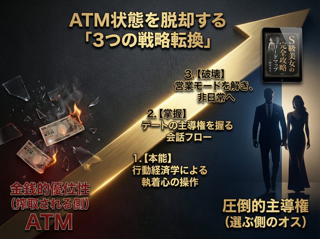 ペイターズでATM状態から脱却するための3つの戦略シフト。金銭依存から本能へのアプローチ、会話フローの掌握、営業モードの破壊を示す図解。