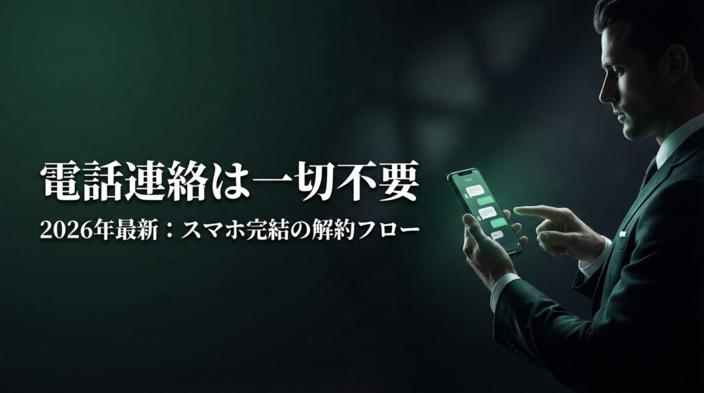スマホで完結するペイターズの解約手順を説明する画像。電話解約不要という最新情報を伝える見出し画像。