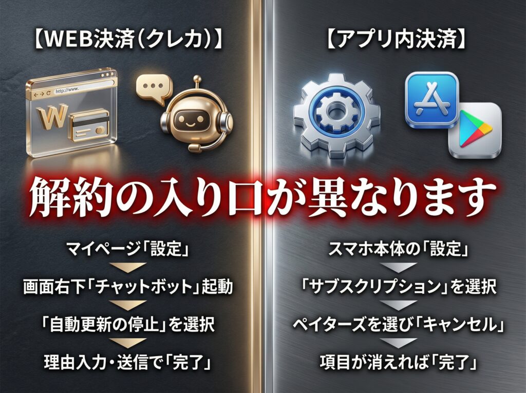 ペイターズの解約手順を決済別に比較。アプリ内チャットで完結するWEB決済と、端末設定から行うアプリ内決済の違いを解説した図解。