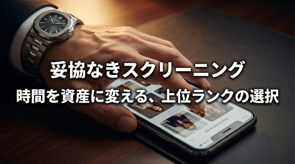 高級時計を身につけた男性がペイターズで女性を厳選する様子。VIP・ゴールド会員がエグゼクティブ専用である結論を示すイメージ画像。
