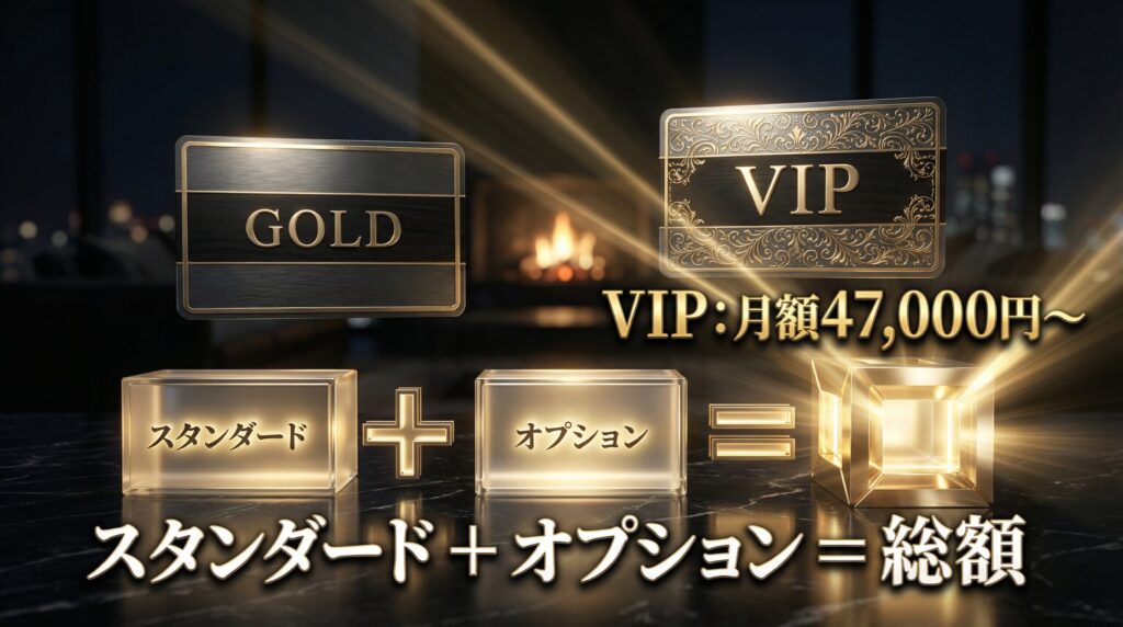 ペイターズのスタンダードプランとオプション料金の合算構造を示すイメージ画像。ゴールドとVIPの総額料金体系の解説。