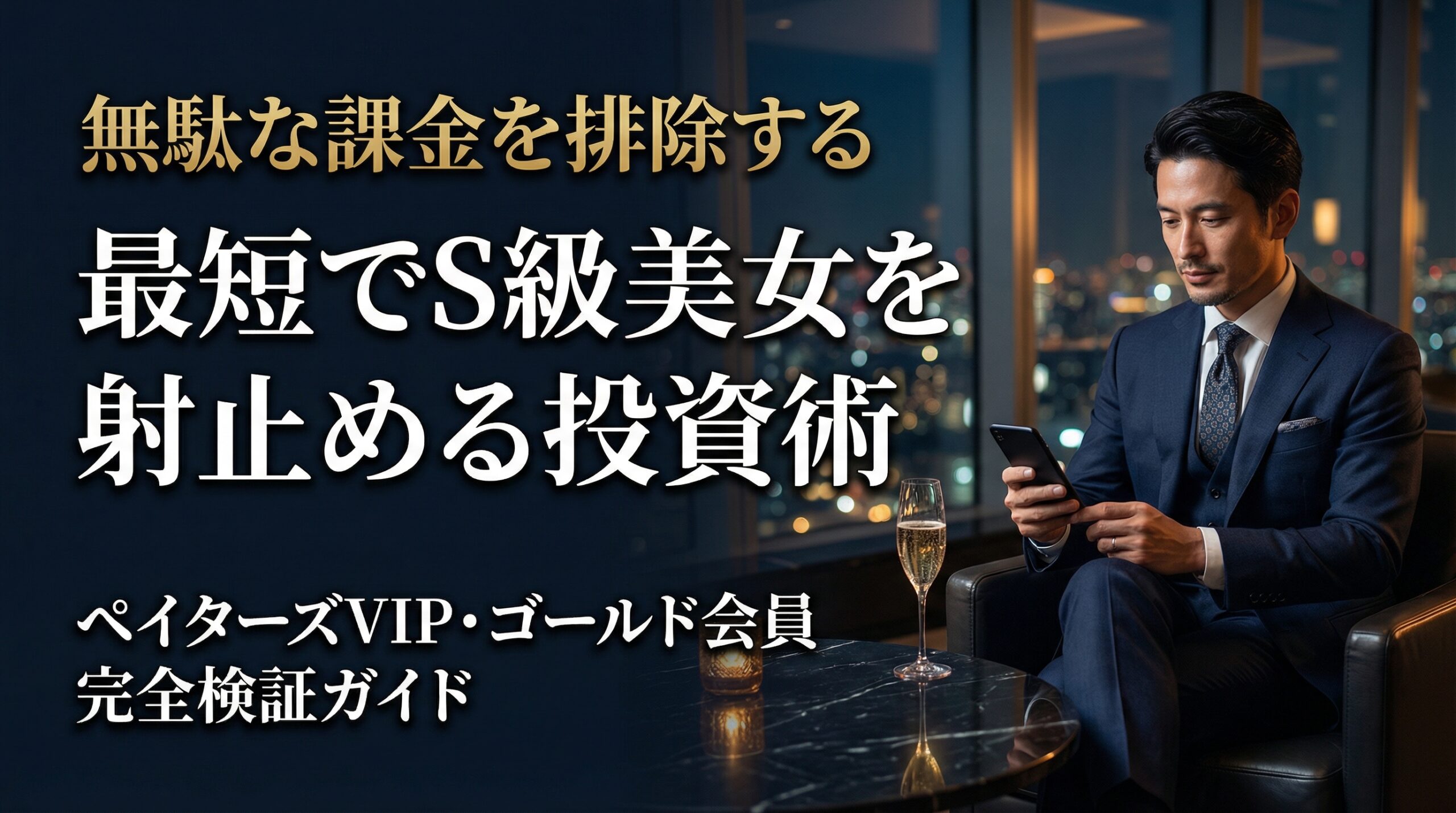 高級ラウンジでスマホを操作するスーツ姿の男性。ペイターズのVIP・ゴールド会員の違いと無駄な課金を防ぐ方法を解説するアイキャッチ画像