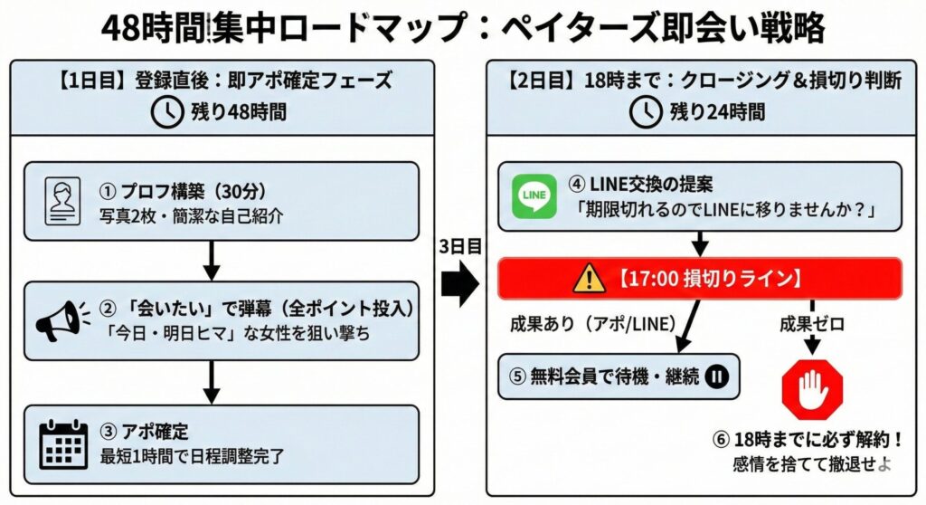 ペイターズ体験プランで即日会うための48時間集中ロードマップ。1日目の即アポ確定フェーズから2日目17時の損切り（解約）判断までの戦略フローチャート。