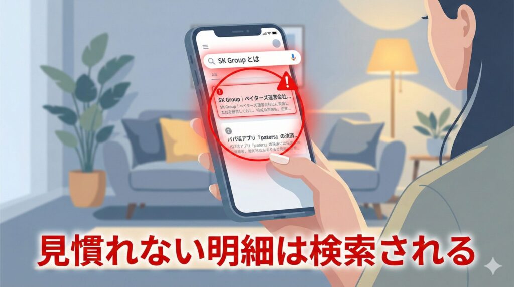 スマートフォンで「SK Group」を検索した結果、パパ活アプリとの関連が表示されるイメージ