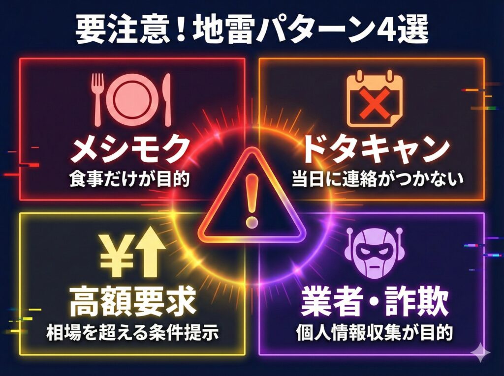 ペイターズで注意すべき4つの地雷パターン（メシモク・ドタキャン・高額要求・業者）を示すイラスト