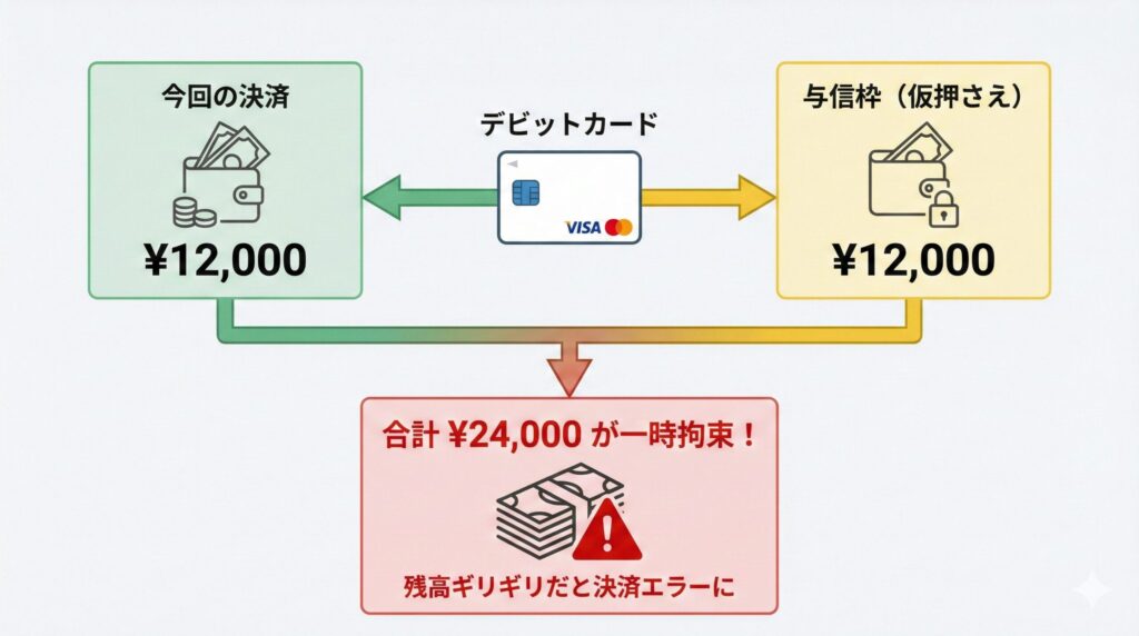 デビットカード決済時の二重請求（与信枠）の仕組みを図解したイラスト
