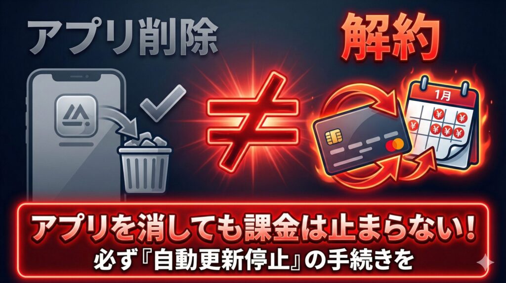 アプリを削除しても課金が止まらないことを警告するイラスト
