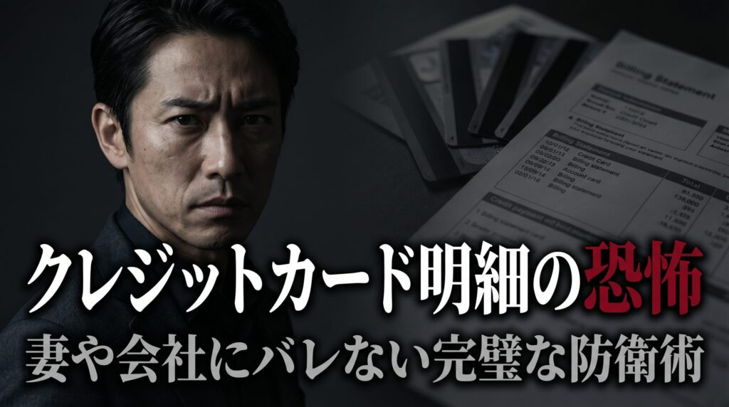 暗闇の中で深刻な表情を浮かべる男性。ペイターズのクレジットカード明細の記載名による身バレリスクと防衛術を解説する画像。