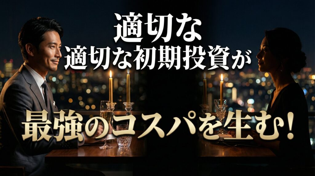 高級レストランで向かい合う男女。ペイターズでの適切な初期投資が最強のコスパと主導権を生むことを表現した画像。