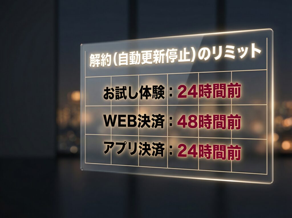 ペイターズのプランと決済方法別の解約期限を示す表。お試し体験とアプリ決済は24時間前、WEB決済は48時間前がリミット。