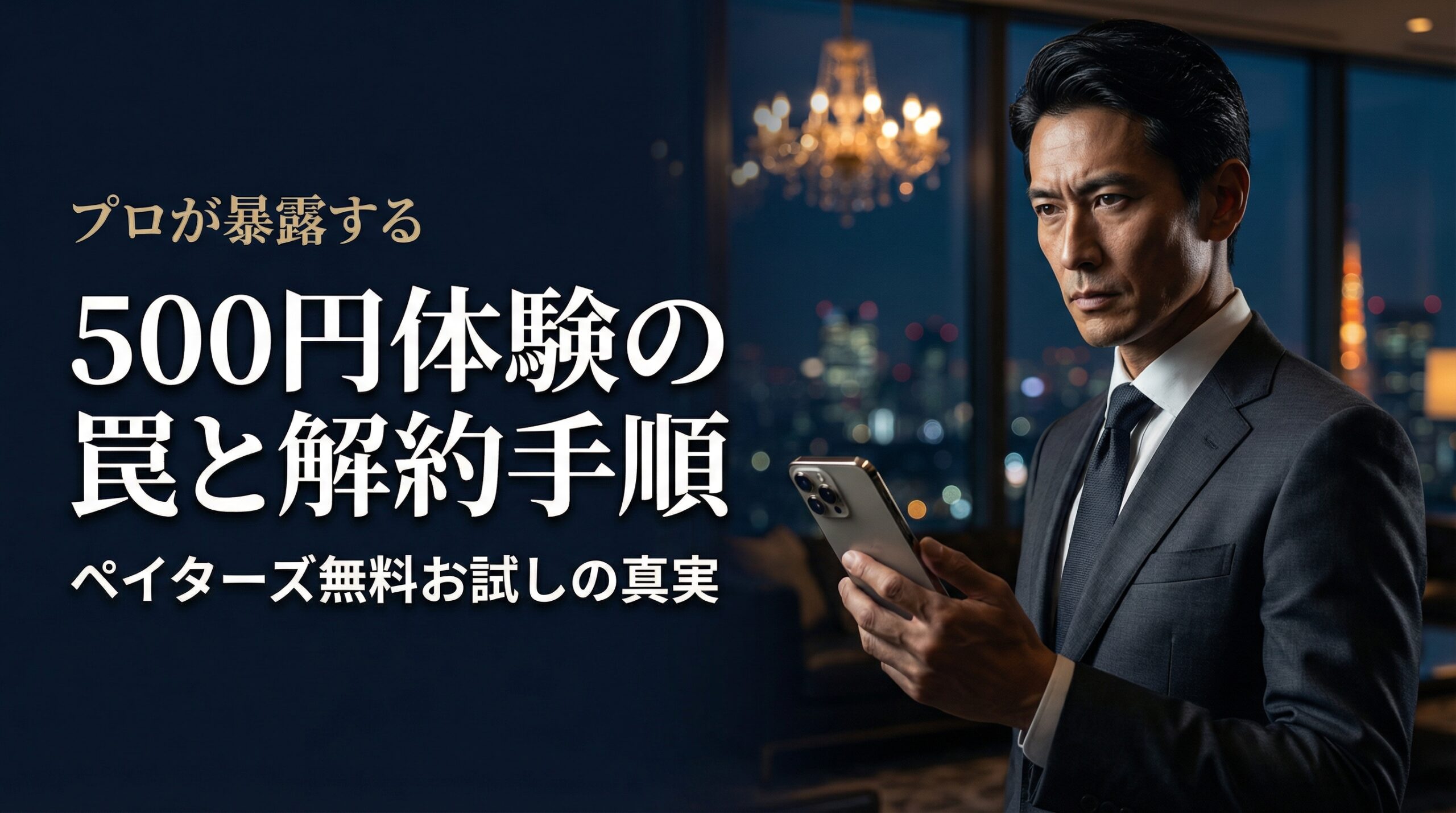 夜の高級ラウンジでスマートフォンを操作するダークスーツの男性。ペイターズの無料お試し期間の真実と500円体験プランの解約手順を解説するアイキャッチ画像。