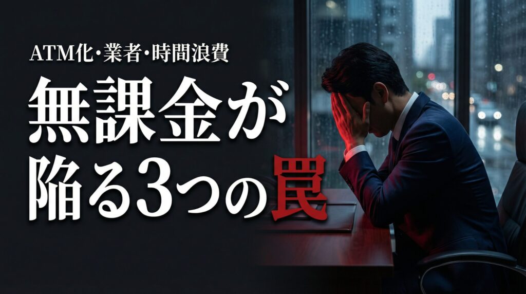 頭を抱えるスーツ姿の男性。ペイターズで無料や無課金にこだわることで陥る3つの罠とリスクを示す警告画像。