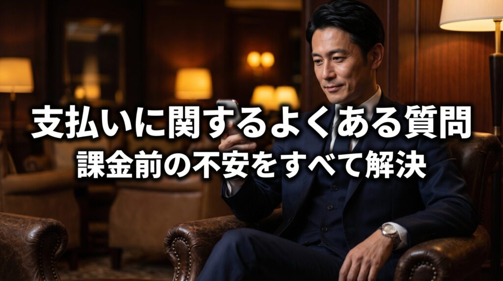 高級ホテルのラウンジでスマートフォンを操作する男性。ペイターズの支払い方法やクレジットカード決済に関するよくある質問をまとめた画像。