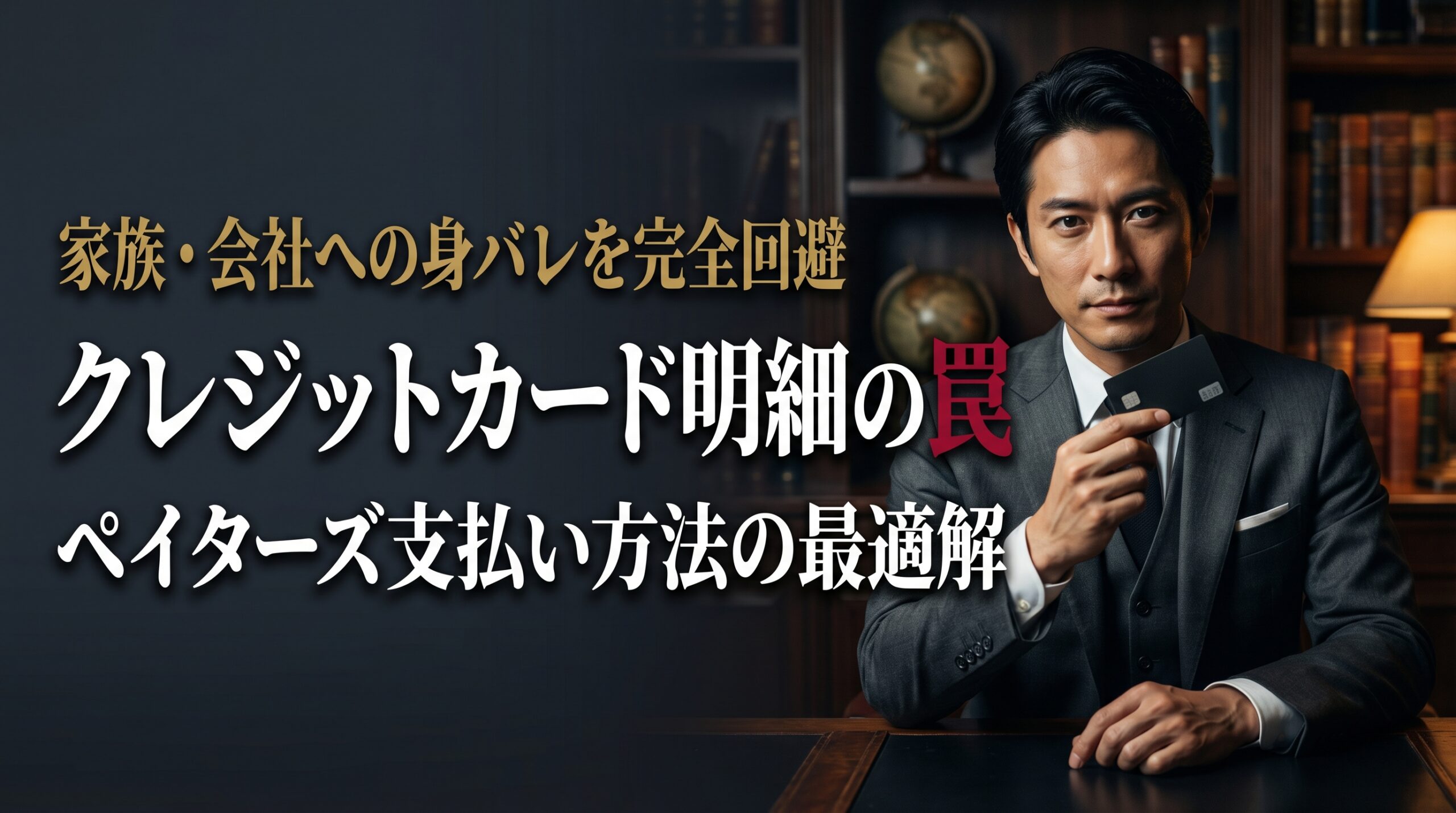 重厚な書斎でクレジットカードを手に持つダークスーツの男性。ペイターズの支払い方法とクレジットカード明細による身バレ回避策を解説するアイキャッチ画像。