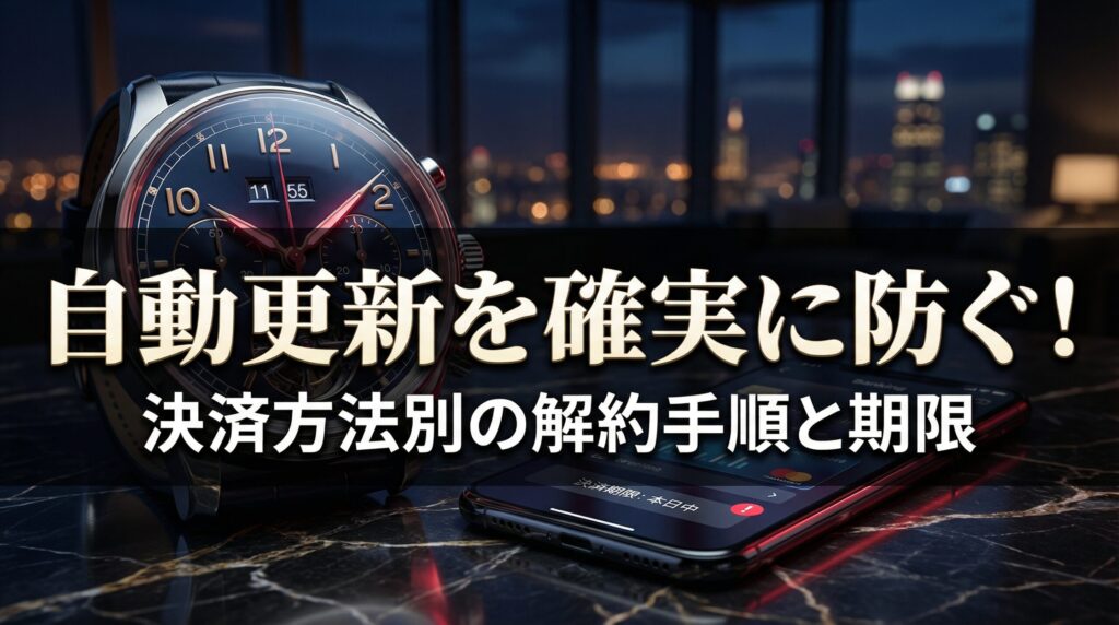 時計とスマートフォンのアイコン。ペイターズの無料お試し体験プランの自動更新を防ぐ確実な解約手順の図解。