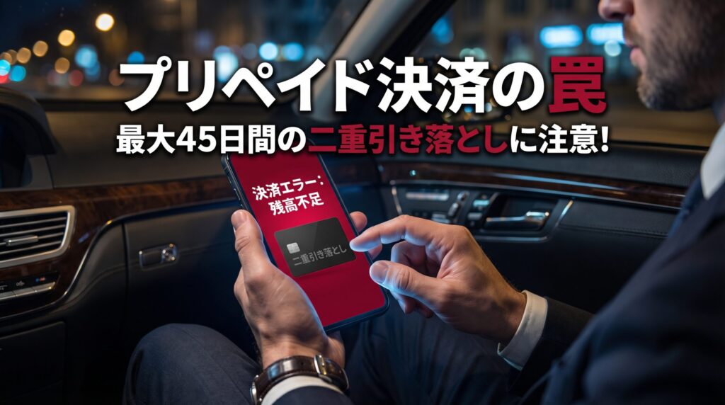 薄暗い場所でスマートフォンを見つめる手元。ペイターズでバンドルカードなどのプリペイド決済を利用する際の二重引き落としの罠を警告する画像。