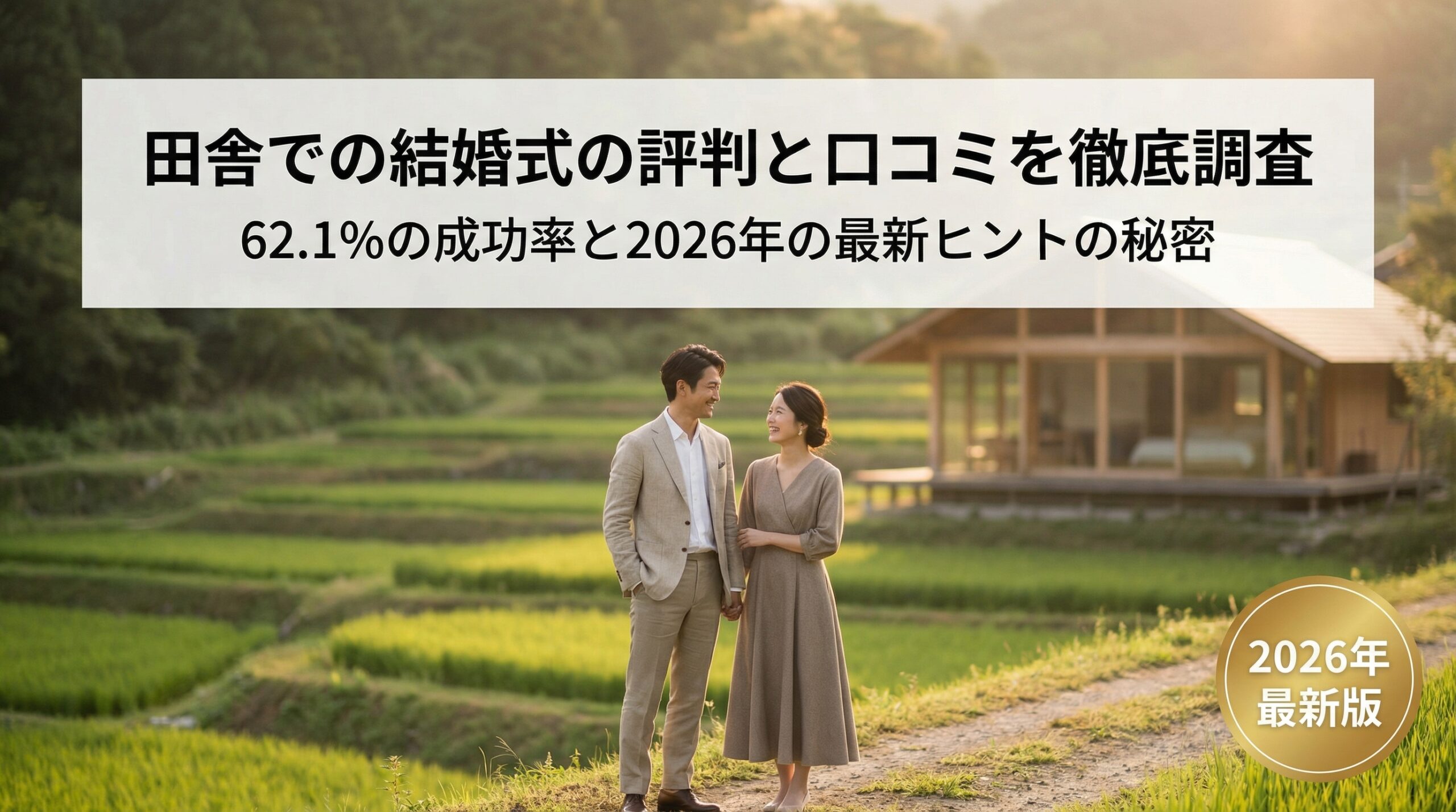 2026年最新の田舎婚の評判・口コミを検証する高画質なアイキャッチ画像。日本の豊かな自然と幸せなカップルの対比。