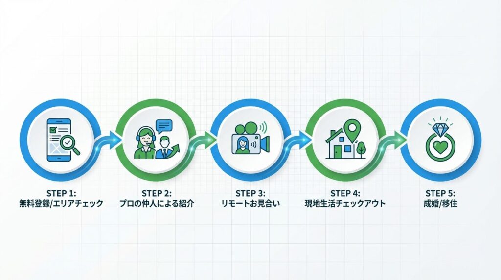 田舎婚の登録から地方移住成婚までの最短5ステップフロー図。効率的なマッチングの流れを解説。