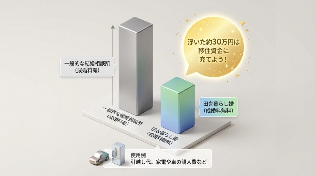 一般的な結婚相談所と田舎婚のコスト比較棒グラフ。成婚料0円による30万円の節約メリット。