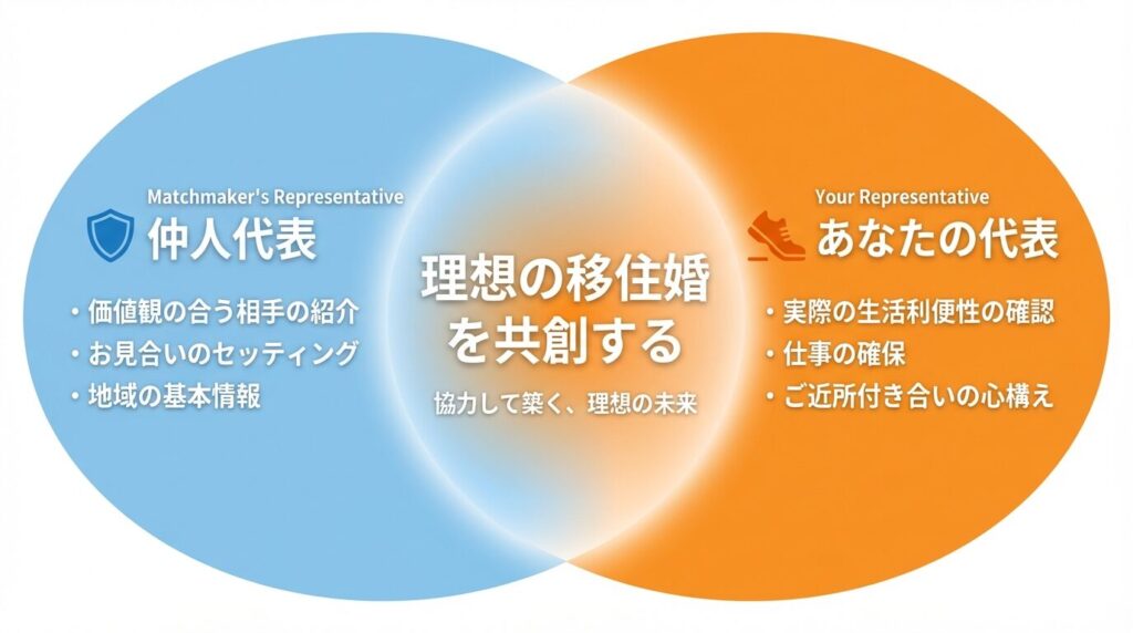 田舎婚の仲人が担当する範囲と利用者が自ら確認すべき範囲を分けた対比図。