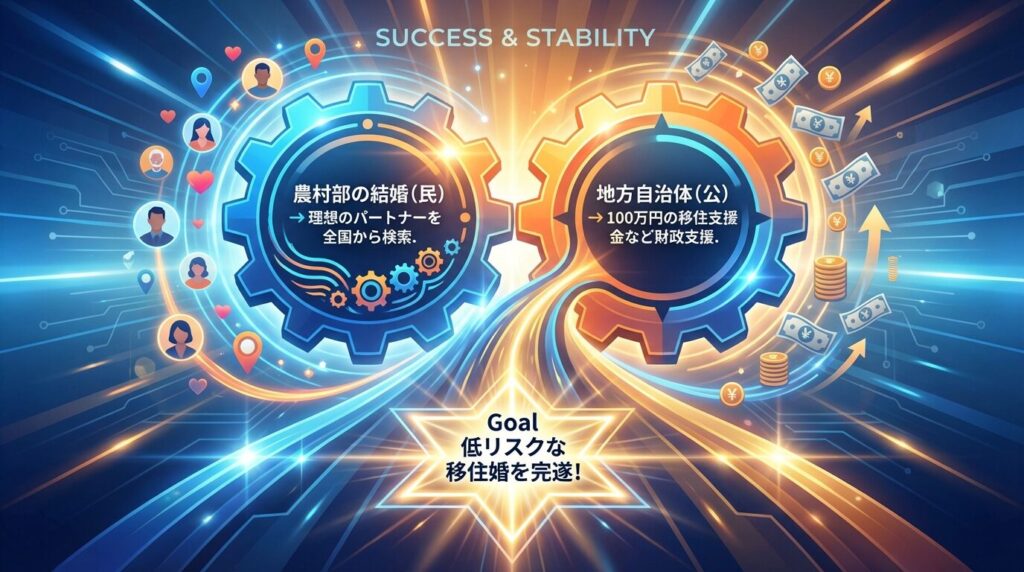 田舎婚のネットワークと自治体の支援金を活用した、2026年最強の移住婚戦略図。