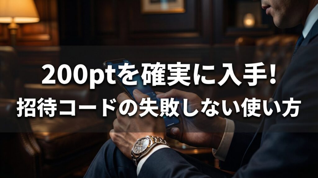 高級腕時計をつけてスマートフォンを操作する男性の手元。ペイターズの招待コード割引の特典一覧と失敗しない使い方の解説画像。