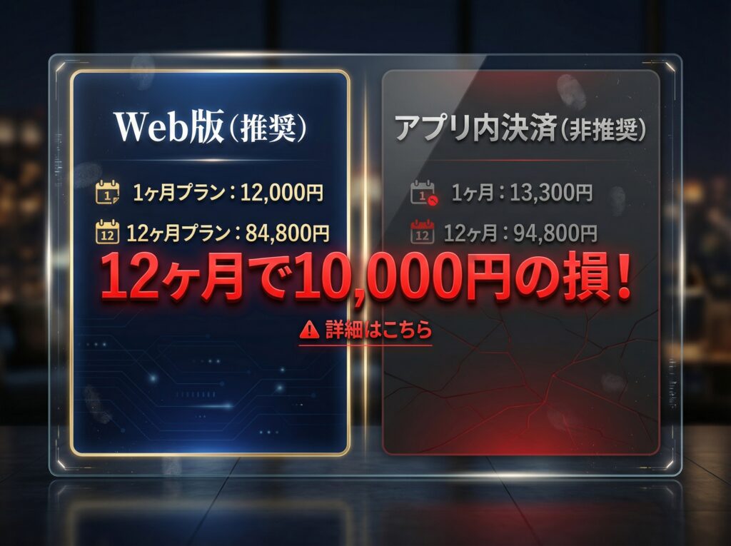 ペイターズのWeb版決済とアプリ内決済の料金比較表。12ヶ月プランではアプリ決済の方が1万円高くなることを示す図解。