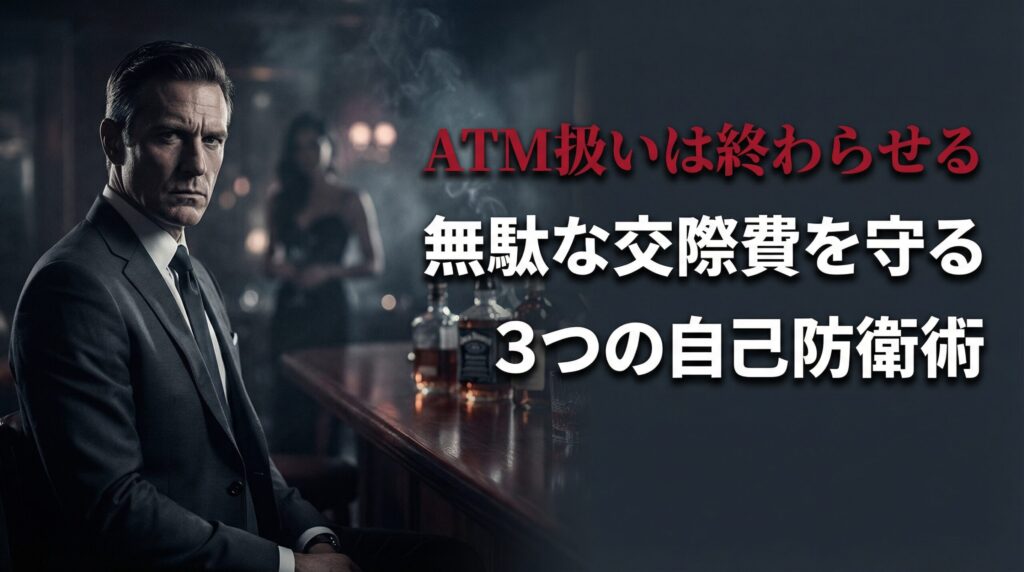 バーのカウンターで鋭い視線を送る男性。ペイターズで業者やお金目的の女性からATM扱いされるのを防ぐ自己防衛術の解説画像。