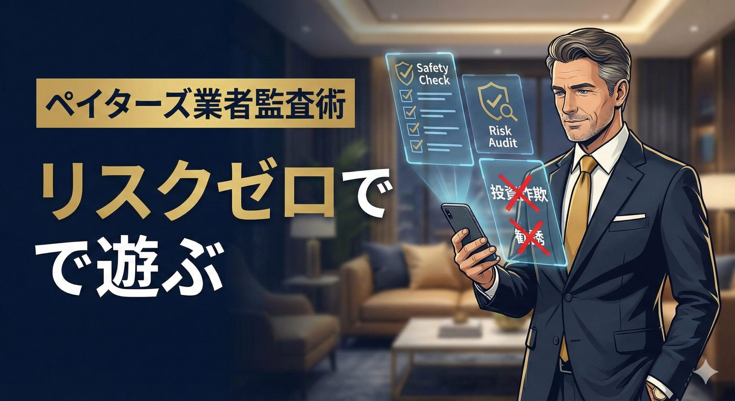 ペイターズの業者を見抜くための交際監査イメージ図。スーツを着た男性がスマホ画面を鋭い眼光でチェックし、リスク管理を行っている様子