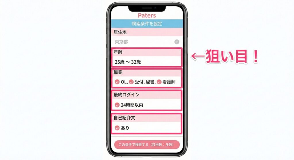 ペイターズで競合が少ない「隠れ美女」を探すための検索条件設定画面のイメージ図。年齢25〜32歳、職業OLなどを指定。