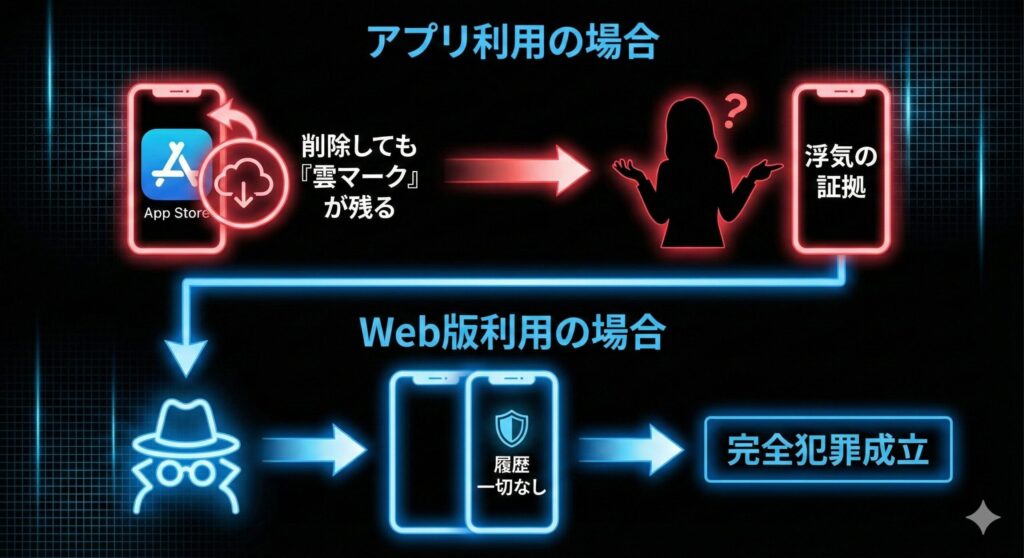 App Storeの再ダウンロード履歴（雲マーク）の仕組みと、Web版を利用することでその履歴を残さない「完全ステルス運用」のイメージ図。