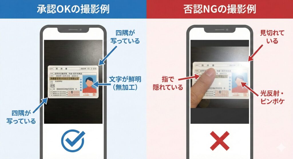 ペイターズ年齢確認で承認されるOK写真と否認されるNG写真の比較図解。四隅の確認、指被り、光反射などのチェックポイント。