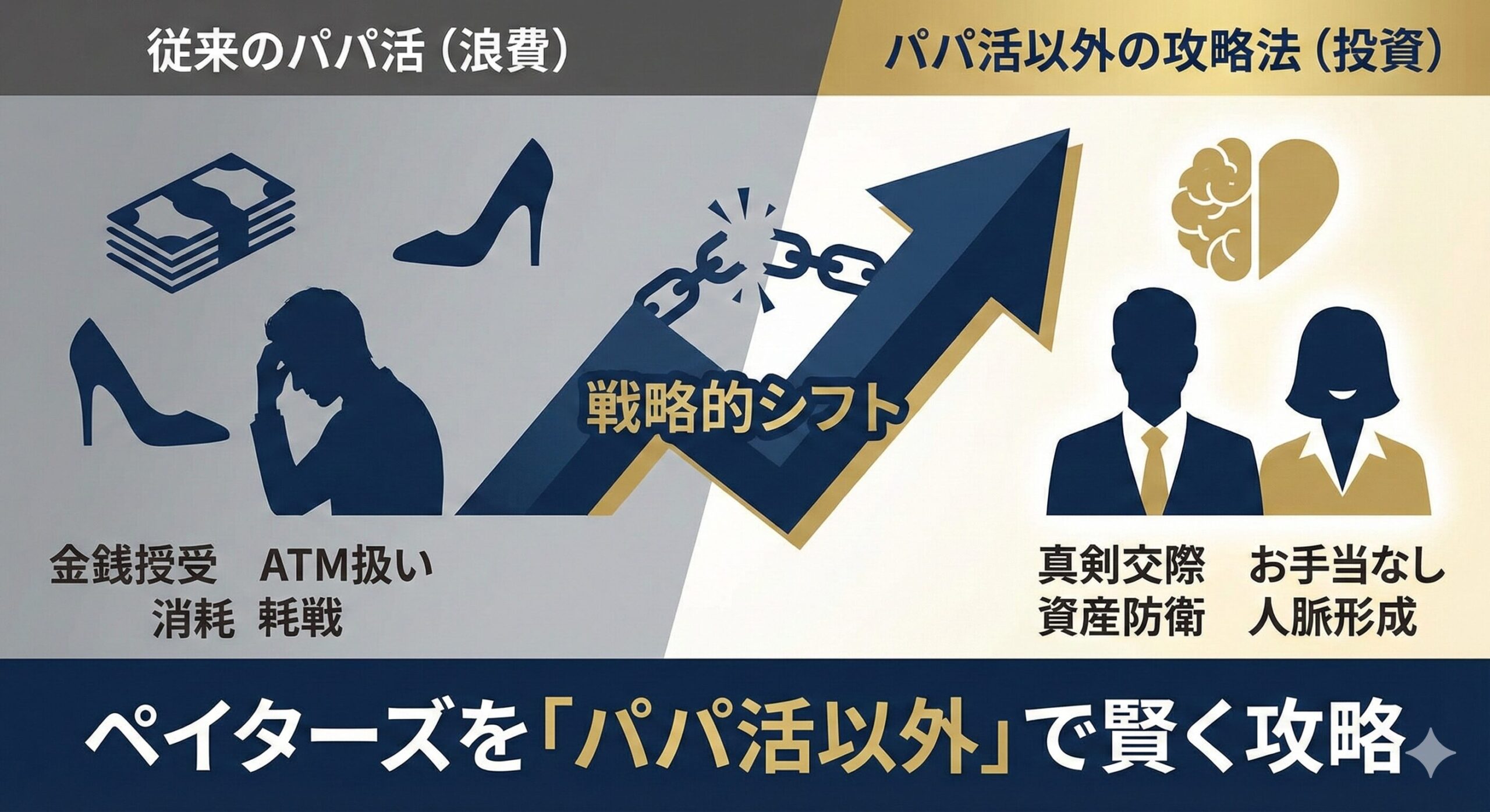 ペイターズをパパ活以外で攻略する戦略的イメージ。金銭ではなく知性を用いた出会い、美女との真剣交際、リスク管理された賢い利用を示すアイキャッチ画像。