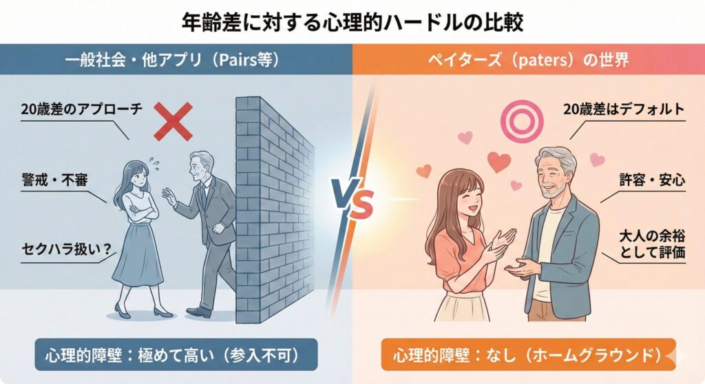 マッチングアプリにおける年齢差の許容範囲比較図。一般社会では20歳差が警戒されるが、ペイターズ内では標準として受容される心理的ハードルの違い。