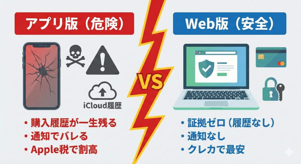 ペイターズのアプリ版とWeb版のメリット・デメリット比較図。アプリ版は購入履歴や通知のリスクがあるのに対し、Web版は証拠が残らずセキュリティが高いことを示す対比表。