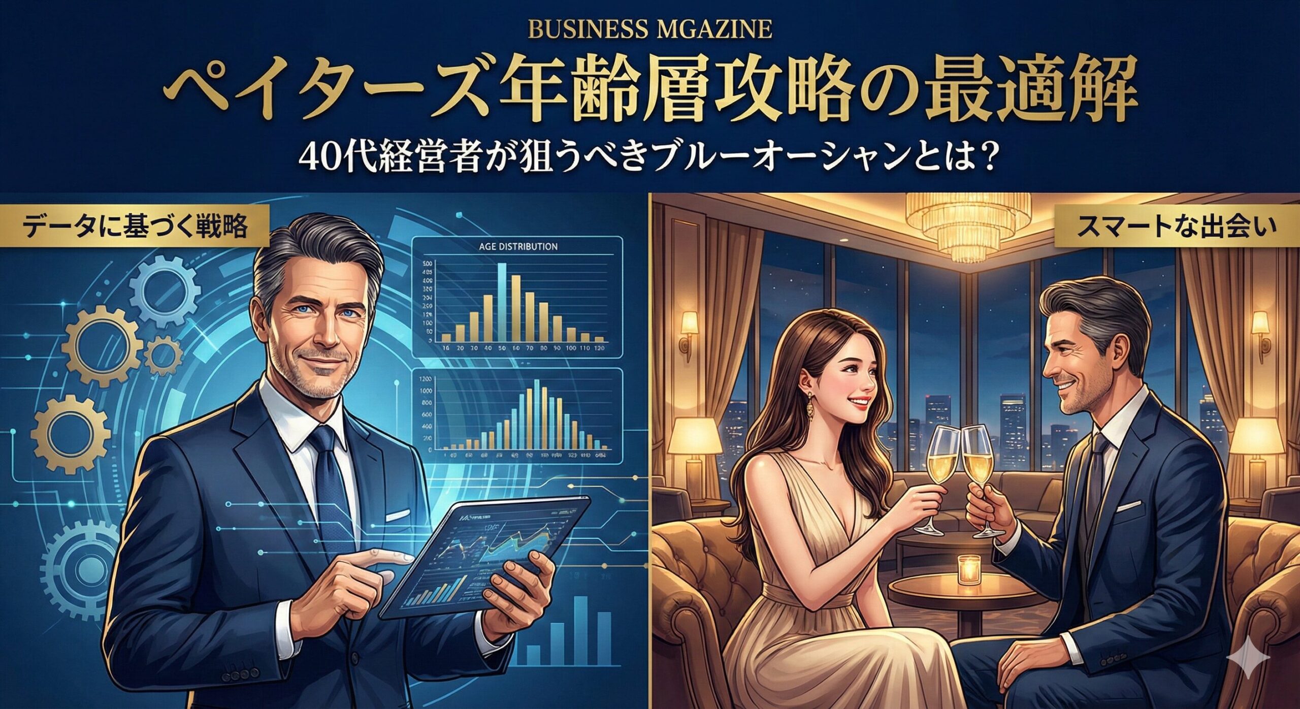 ペイターズの年齢層戦略記事のアイキャッチ。40代経営者男性がデータに基づき20代女性とスマートに出会う成功イメージ。