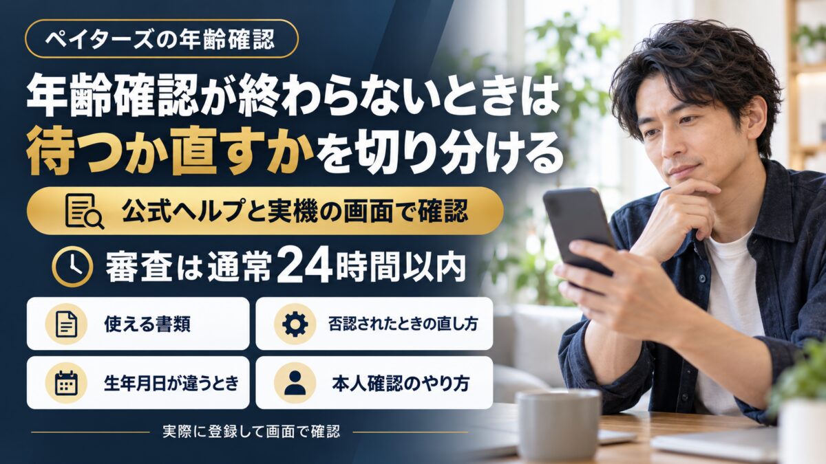 明るい部屋でスマホを見ながら審査の結果を待つ男性と「年齢確認が終わらないときは」「待つか直すかを切り分ける」の文字。使える書類・否認されたときの直し方・生年月日が違うとき・本人確認のやり方