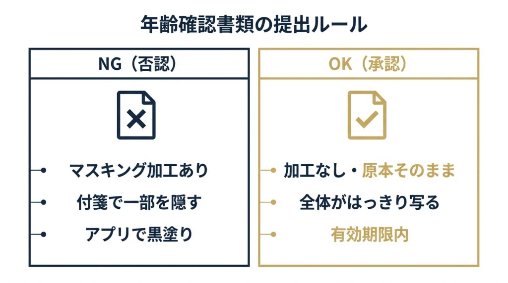 ペイターズ年齢確認書類の正しい提出方法とマスキングNGの比較図