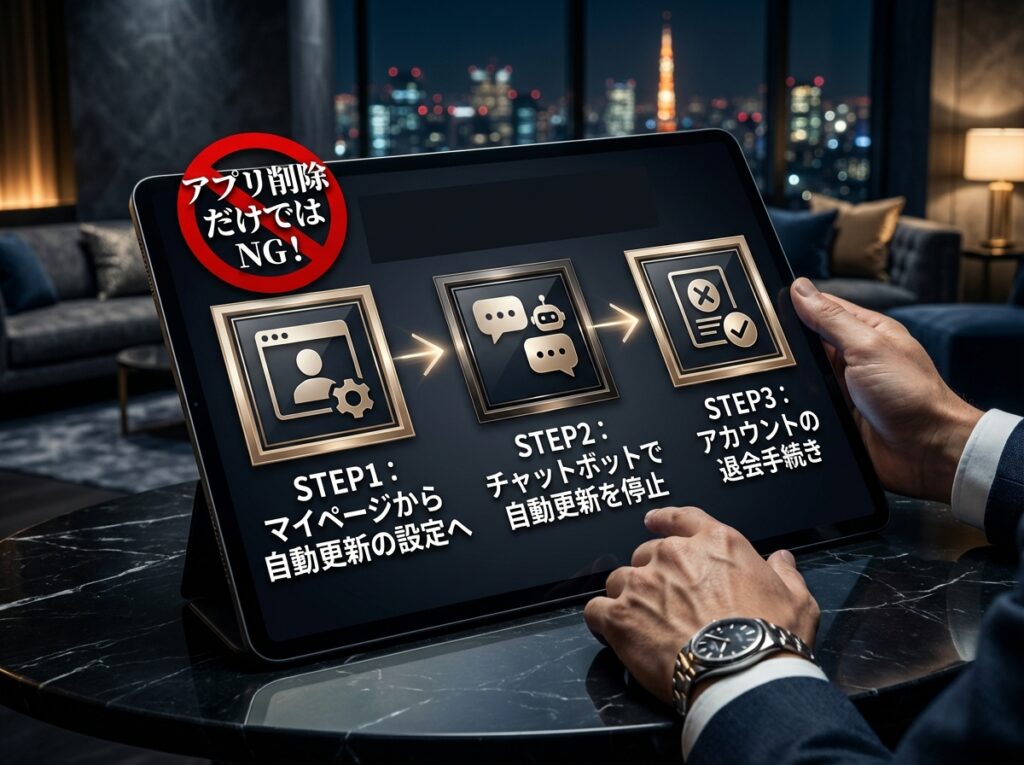 ペイターズの正しい解約と退会の手順フロー。アプリを削除するだけでなく、WEB決済の自動更新を停止してから退会するステップを図解している。